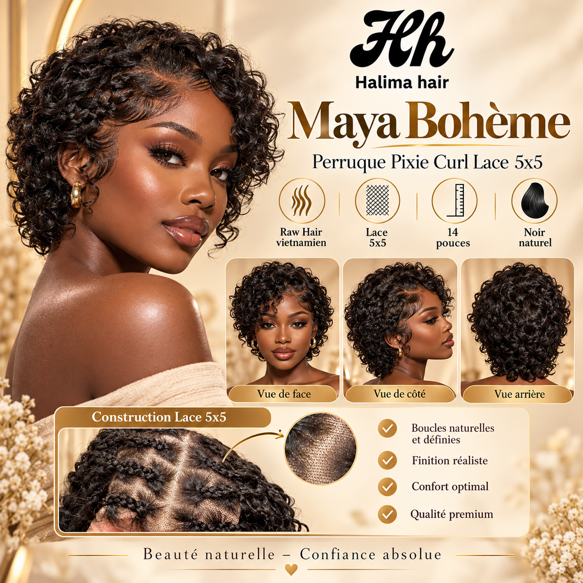 Maya Bohème – Perruque Pixie Curl Lace 5×5