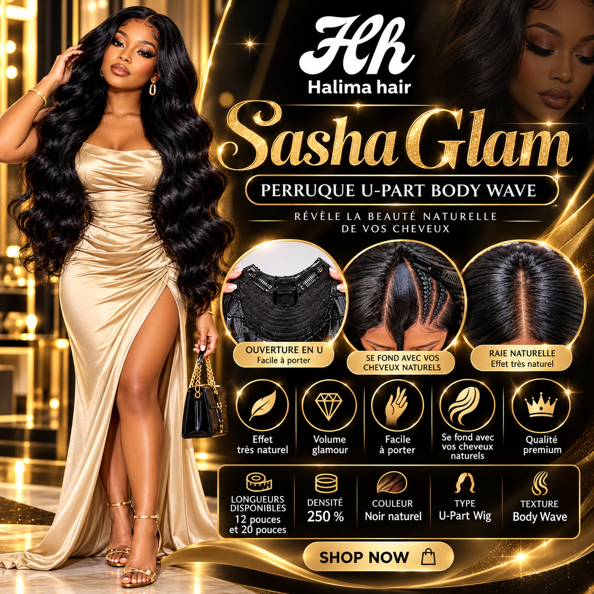 Sasha Glam – Perruque U-Part Body Wave.